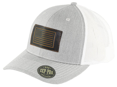 American Flag Hand Burnished Full Grain Leather Patch Richardson 112 Snapback Trucker Hat