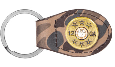 Old School Camo Leather Key Fob. Brown Tan with Antique Copper Shot Shell