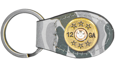 Old School Camo Leather Key Fob. Green Gray with Antique Copper Shot Shell
