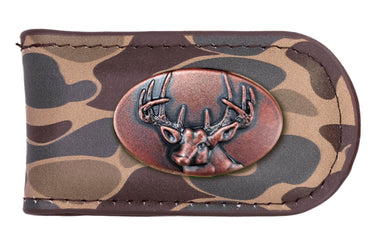 Buck Old School Camo leather magnetic money clip brown tan