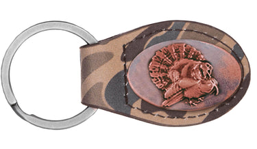 Old School Camo Leather Key Fob. Brown Tan with Antique Copper Turkey
