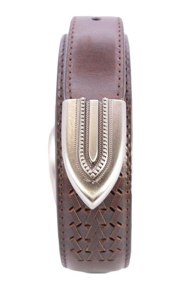 Texas Longhorns Men's Collegiate Leather Belt. UT Longhorns Gift. Texas Belt. Brown Braided Full Grain Finish With Metal Emblem Conchos.