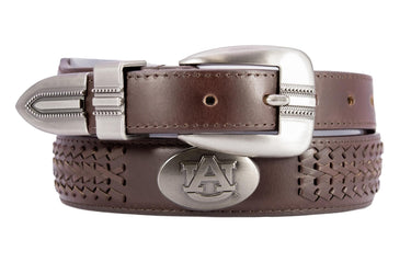 Auburn Tigers Men's Braided Leather Belt. Auburn Gift. Tigers Belt. War Eagle. Brown Braided Full Grain Finish With Metal Emblem Conchos.