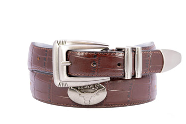 Texas Longhorns Men's Collegiate Leather Belt. UT Longhorns Gift. Texas Belt. Brown Croc Pattern Full Grain Finish With Metal Emblem Conchos