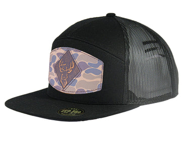 Buck Hand Burnished Full Grain Old School Camo Brown Leather Patch Hat. 7-Panel Modern Flat Bill Cap. Richardson 168 Trucker Snapback Hat.