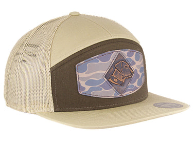 Lab Hand Burnished Full Grain Old School Camo Brown Leather Patch Hat. 7-Panel Modern Flat Bill Cap. Richardson 168 Trucker Snapback Hat.