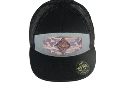 Bass Hand Burnished Full Grain Old School Camo Brown Leather Patch Hat. 7-Panel Modern Flat Bill Cap. Richardson 168 Trucker Snapback Hat.