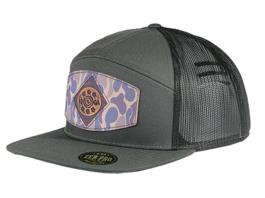 Shot Shell Hand Burnished Full Grain Old School Camo Brown Leather Patch Hat. 7-Panel Modern Flat Bill Cap. Richardson 168 Snapback Hat.