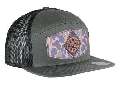 Shot Shell Hand Burnished Full Grain Old School Camo Brown Leather Patch Hat. 7-Panel Modern Flat Bill Cap. Richardson 168 Snapback Hat.