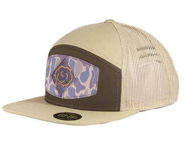 Cotton Boll Hand Burnished Full Grain Old School Camo Brown Leather Patch Hat. 7-Panel Modern Flat Bill Cap. Richardson 168 Snapback Hat.