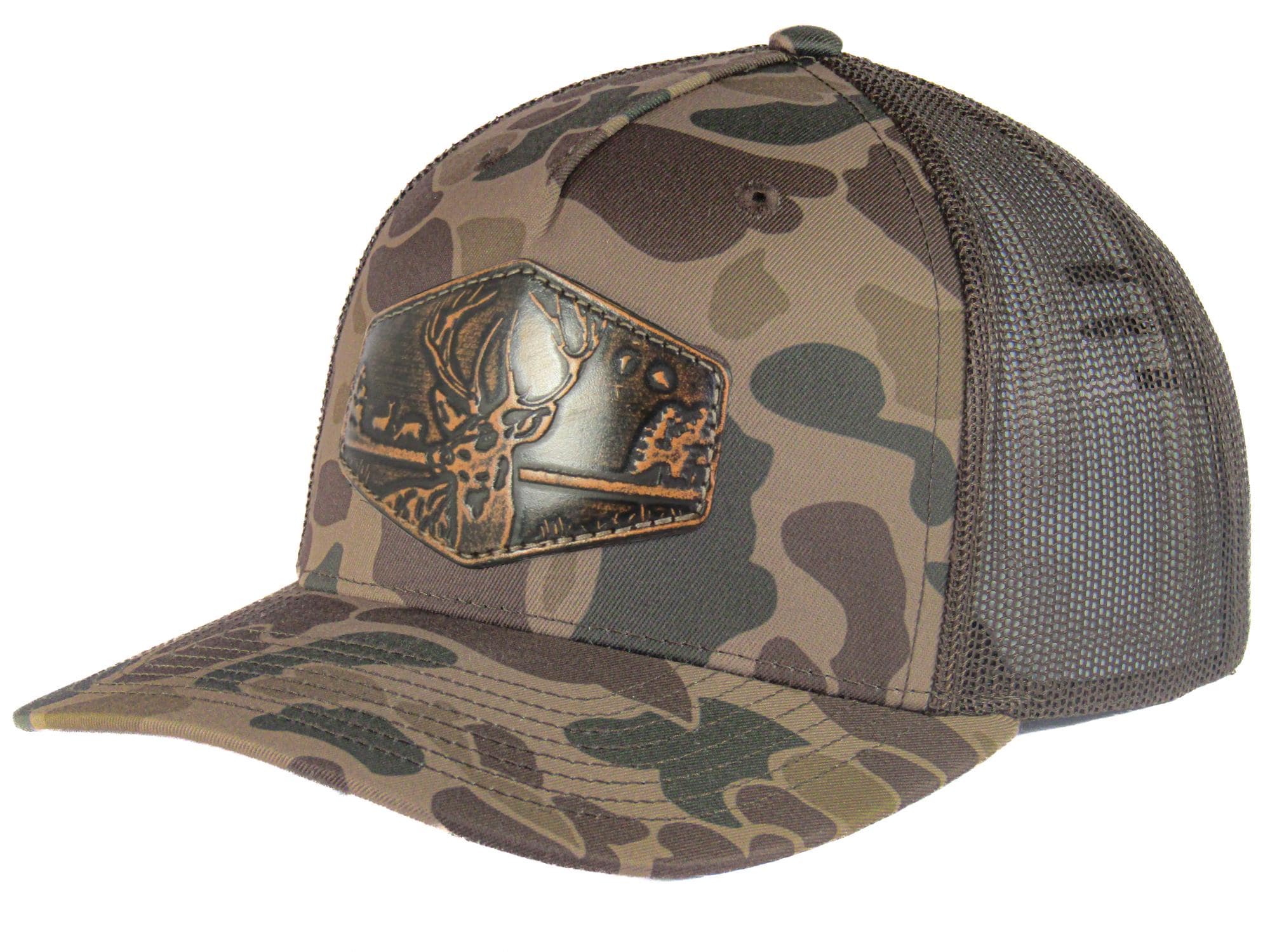 Buck Old School Camo Trucker Hat. Hand Burnished Full Grain Leather Patch. 5-Panel Richardson 112 Snapback Cap. Stitched Deer Leather Patch.