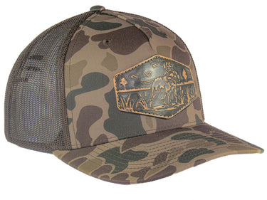Dog Old School Camo Trucker Hat. Hand Burnished Full Grain Leather Patch. 5-Panel Richardson 112 Snapback Cap. Stitched Dog Leather Patch.