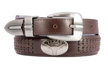 Texas Longhorns Men's Collegiate Leather Belt. UT Longhorns Gift. Texas Belt. Brown Braided Full Grain Finish With Metal Emblem Conchos.