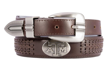 Texas A&M Aaggies Men's Collegiate Leather Belt. Texas Aggies Gift. Texas Belt. Brown Braided Full Grain Finish With Metal Emblem Conchos.