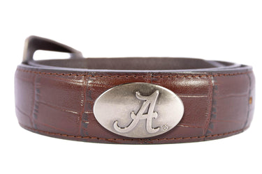 Alabama Crimson Tide Men's Collegiate Leather Belt. Alabama Gift. Bama Belt. Brown Croc Pattern Full Grain Finish With Metal Emblem Conchos.
