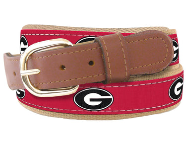 Youth Size Georgia Bulldogs Collegiate Woven Ribbon Belt. Tan Full Grain Leather Tabs. Boys Size Bulldogs Belt. Kids Georgia Ribbon Belt.