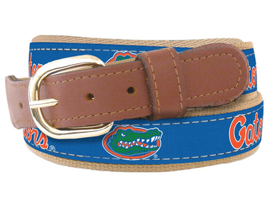 Youth Size Florida Gators Collegiate Woven Ribbon Belt. Tan Full Grain Leather Tabs. Boys Size Gators Belt. Kids UF Ribbon Belt.