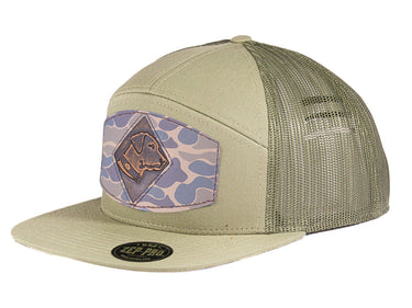 Lab Hand Burnished Full Grain Old School Camo Brown Leather Patch Hat. 7-Panel Modern Flat Bill Cap. Richardson 168 Trucker Snapback Hat.