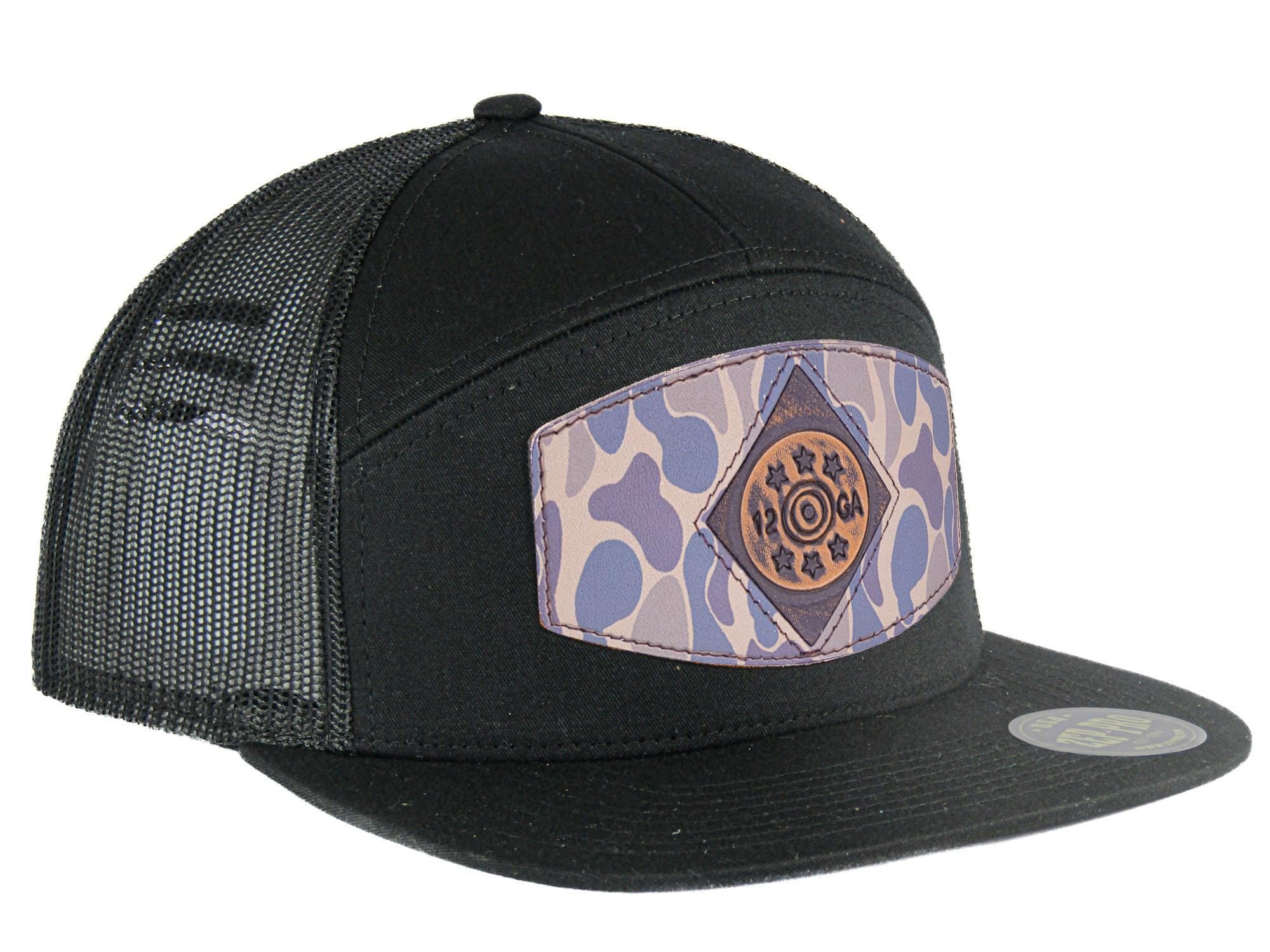 Shot Shell Hand Burnished Full Grain Old School Camo Brown Leather Patch Hat. 7-Panel Modern Flat Bill Cap. Richardson 168 Snapback Hat.