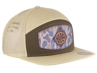 Shot Shell Hand Burnished Full Grain Old School Camo Brown Leather Patch Hat. 7-Panel Modern Flat Bill Cap. Richardson 168 Snapback Hat.