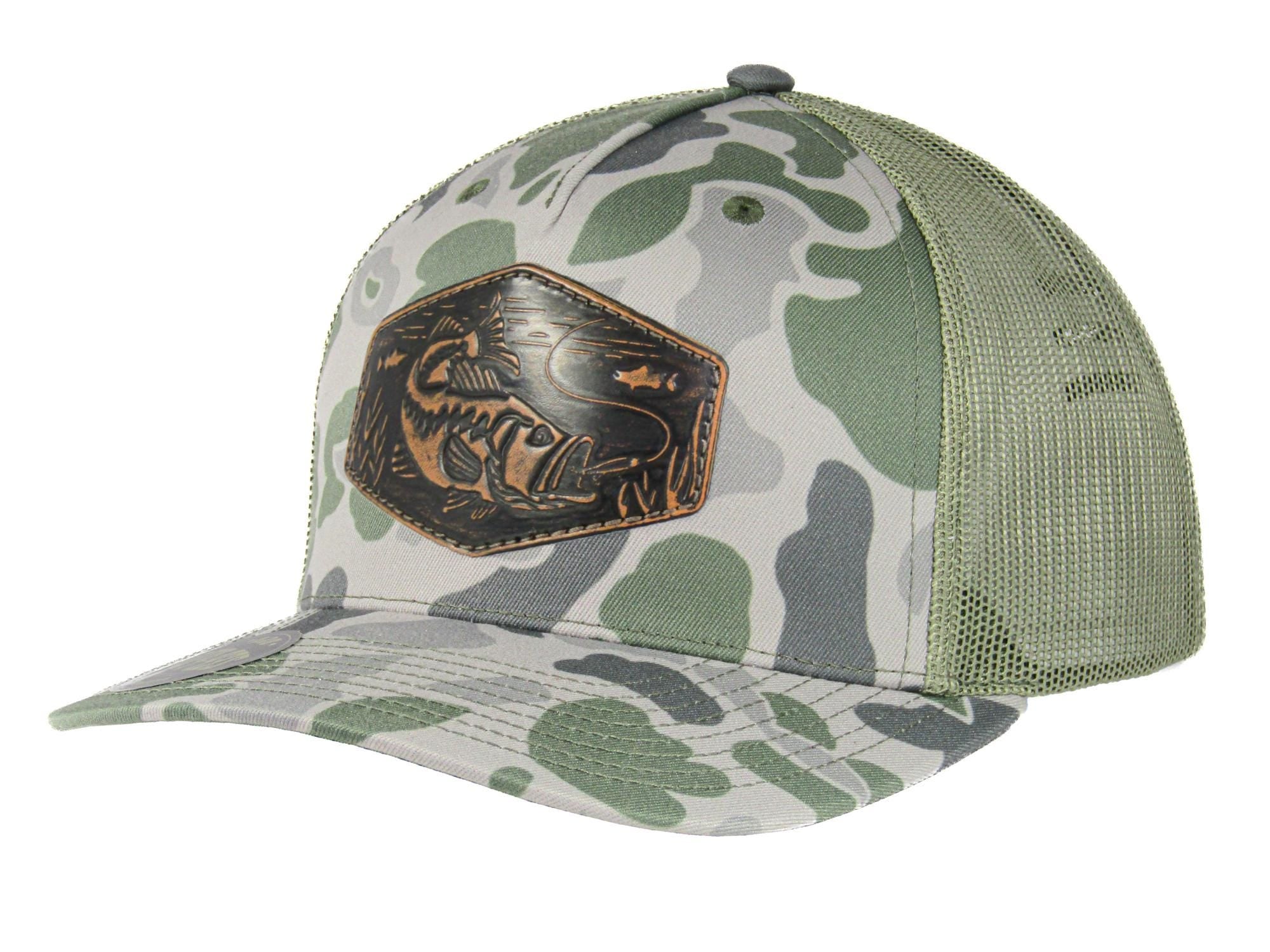 Bass Old School Camo Trucker Hat. Hand Burnished Full Grain Leather Patch. 5-Panel Richardson 112 Snapback Cap. Stitched Bass Leather Patch.
