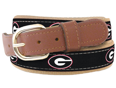 Youth Size Georgia Bulldogs Collegiate Woven Ribbon Belt. Tan Full Grain Leather Tabs. Boys Size Bulldogs Belt. Kids Georgia Ribbon Belt.