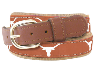 Youth Size Texas Longhorns Collegiate Woven Ribbon Belt. Tan Full Grain Leather Tabs. Boys Size Longhorns Belt. Kids Texas Ribbon Belt.