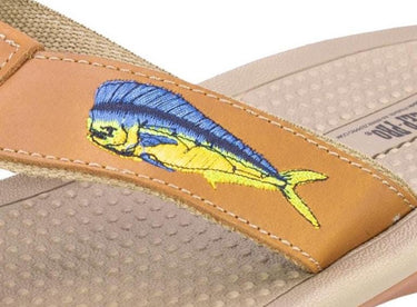 Mahi Dolphin Men's Fishing Sandal, Tan Leather Strap Boating Flip Flop, Embroidered Fish Design, Cushioned Insole, Non-Slip Boating Shoe.