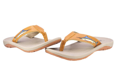 Marlin Men's Fishing Sandal, Tan Leather Strap Boating Flip Flop, Embroidered Fish Design, Cushioned Insole, Non-Slip Boating Shoe.