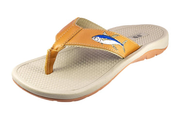 Yellow Tuna Men's Fishing Sandal, Tan Leather Strap Boating Flip Flop, Embroidered Fish Design, Cushioned Insole, Non-Slip Boating Shoe.