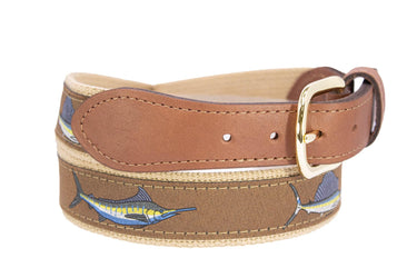 Billfish Slam Men's Woven Ribbon Belt, Brown Fishing Belt, Boating Gift, Blue Marlin, Sailfish, White Marlin, Tan Full Grain Leather Tabs.