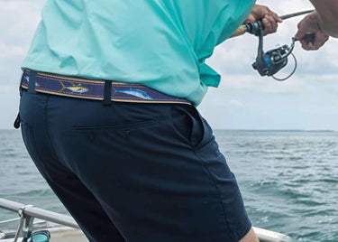 Offshore Slam Men's Woven Ribbon Belt, Brown Fishing Belt, Boating Gift, Mahi Dolphin, Yellow Tuna, Wahoo, Kingfish. Tan Leather Tabs.
