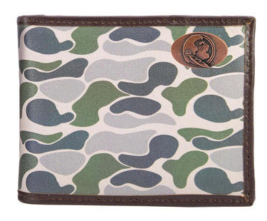 FSU Seminoles Men's Bifold Old School Camo Leather Wallet. Gift For FSU Fan. Quality Full Grain Leather With Antique Copper Logo.