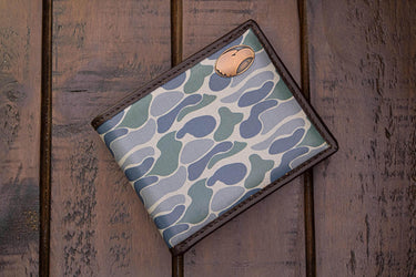 Georgia Southern Eagles Men's Bifold Old School Camo Leather Wallet. Gift For GATA Fan. Quality Full Grain Leather With Antique Copper Logo.