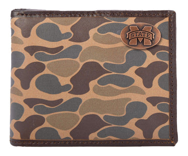 Mississippi State Bulldogs Men's Bifold Old School Camo Leather Wallet. Gift For MS State Fan. Full Grain Leather With Antique Copper Logo.