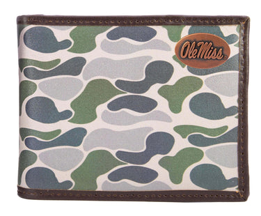 Ole Miss Rebels Men's Bifold Old School Camo Leather Wallet. Gift For Ole Miss Fan. Quality Full Grain Leather With Antique Copper Logo.