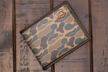 USC Gamecocks Men's Bifold Old School Camo Leather Wallet. Gift For Carolina Fan. Quality Full Grain Leather With Antique Copper Logo.
