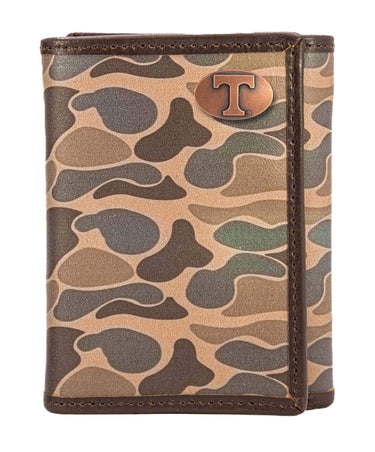 Tennessee Vols Men's Trifold Old School Camo Leather Wallet. Gift For Vols Fan. Quality Full Grain Leather With Antique Copper Logo.