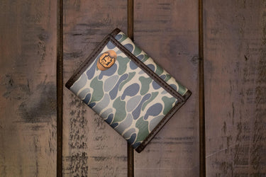 USC Gamecocks Men's Trifold Old School Camo Leather Wallet. Gift For Carolina Fan. Quality Full Grain Leather With Antique Copper Logo.
