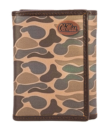 Ole Miss Rebels Men's Trifold Old School Camo Leather Wallet. Gift For Ole Miss Fan. Quality Full Grain Leather With Antique Copper Logo.