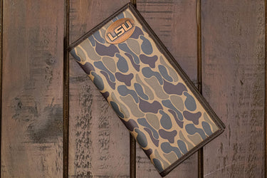 LSU Tigers Men's Secretary Old School Camo Leather Wallet. Gift For LSU Fan. Quality Full Grain Leather With Antique Copper Logo