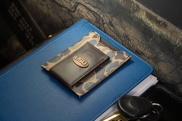 LSU Tigers Men's Magnetic Front Pocket Old School Camo Leather Wallet. Gift For LSU Fan. Quality Leather With Antique Copper Logo