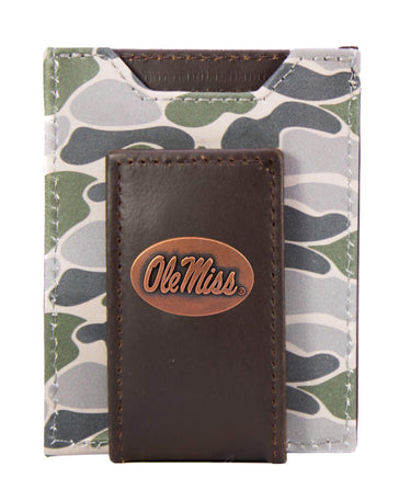 Ole Miss Rebels Men's Magnetic Front Pocket Old School Camo Leather Wallet. Gift For Ole Miss Fan. Quality Leather With Antique Copper Logo