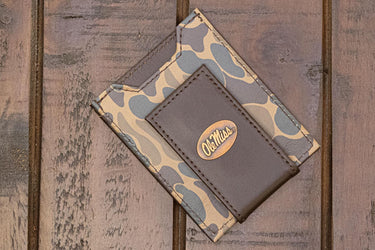 Ole Miss Rebels Men's Magnetic Front Pocket Old School Camo Leather Wallet. Gift For Ole Miss Fan. Quality Leather With Antique Copper Logo