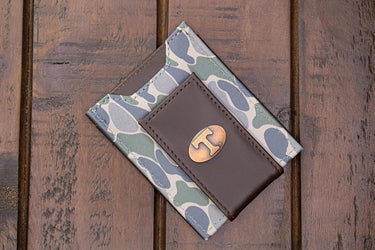 Tennessee Vols Men's Magnetic Front Pocket Old School Camo Leather Wallet. Gift For UT Vols Fan. Quality Leather With Antique Copper Logo