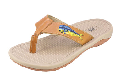 Mahi Dolphin Men's Fishing Sandal, Tan Leather Strap Boating Flip Flop, Embroidered Fish Design, Cushioned Insole, Non-Slip Boating Shoe.