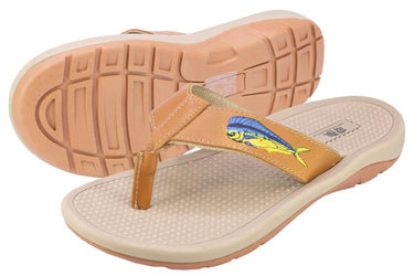 Mahi Dolphin Men's Fishing Sandal, Tan Leather Strap Boating Flip Flop, Embroidered Fish Design, Cushioned Insole, Non-Slip Boating Shoe.