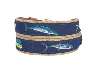 Offshore Slam Men's Woven Ribbon Belt, Brown Fishing Belt, Boating Gift, Mahi Dolphin, Yellow Tuna, Wahoo, Kingfish. Tan Leather Tabs.