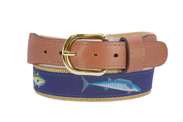 Offshore Slam Men's Woven Ribbon Belt, Brown Fishing Belt, Boating Gift, Mahi Dolphin, Yellow Tuna, Wahoo, Kingfish. Tan Leather Tabs.