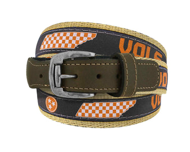 Tennessee Vols Men's Collegiate Stadium Collection Woven Ribbon Belt. Brown Full Grain Leather Tabs, Roller Buckle and Cotton Webbing.